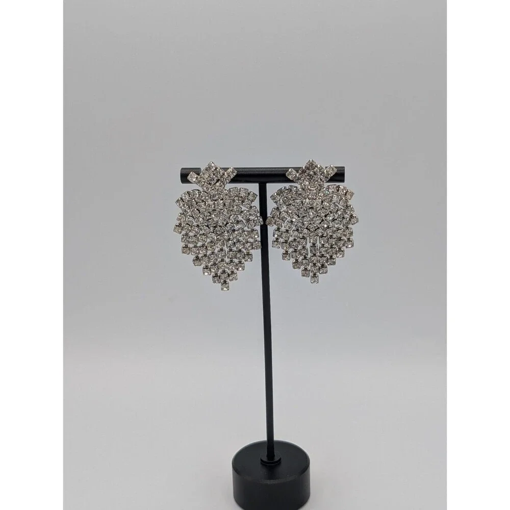Vtg Statement Cluster Crystal Waterfall Earrings Pierced Dangle Large Sparkle
